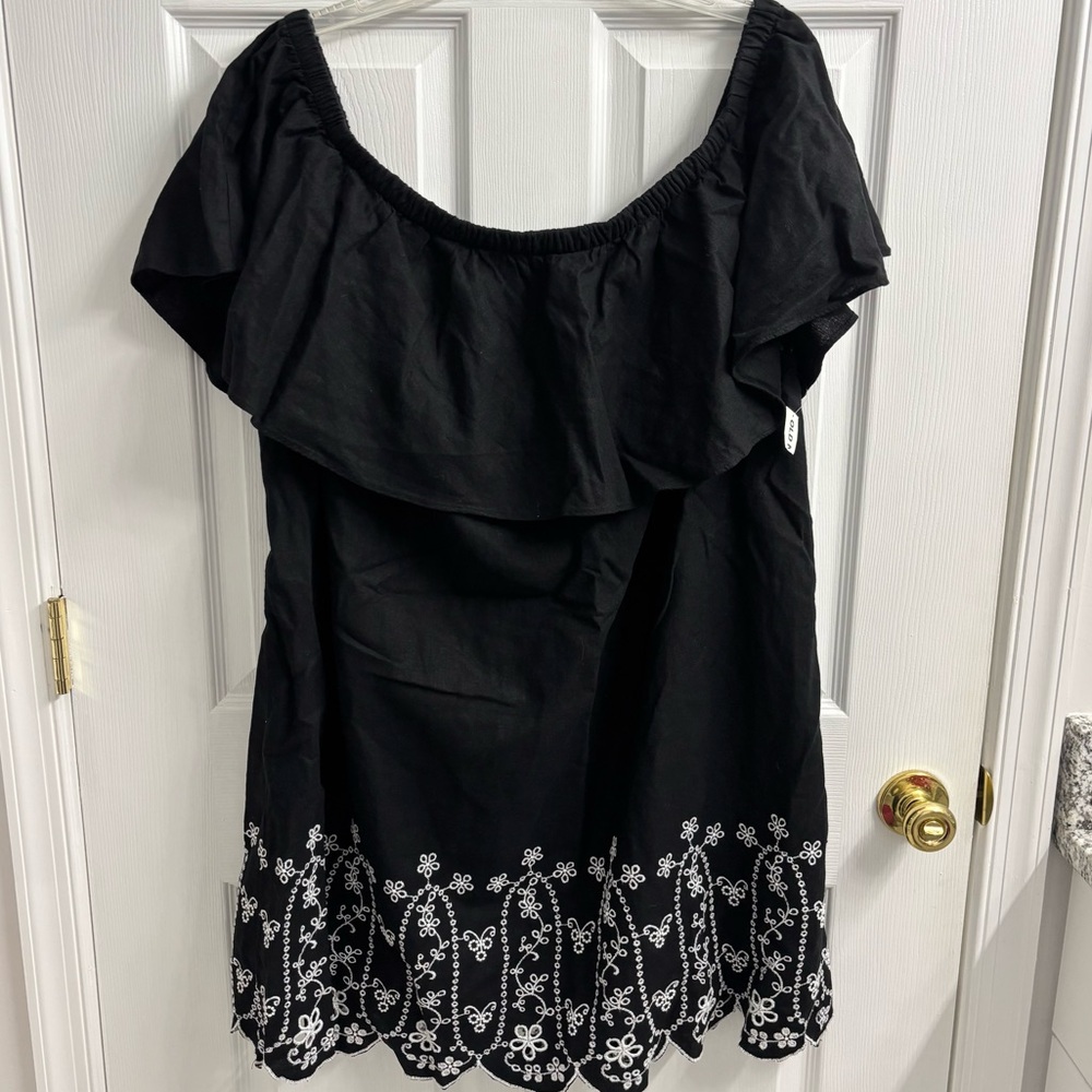 Old Navy Off The Shoulder Dress XXL Linen Floral Embroidered Black NWT Ruffle